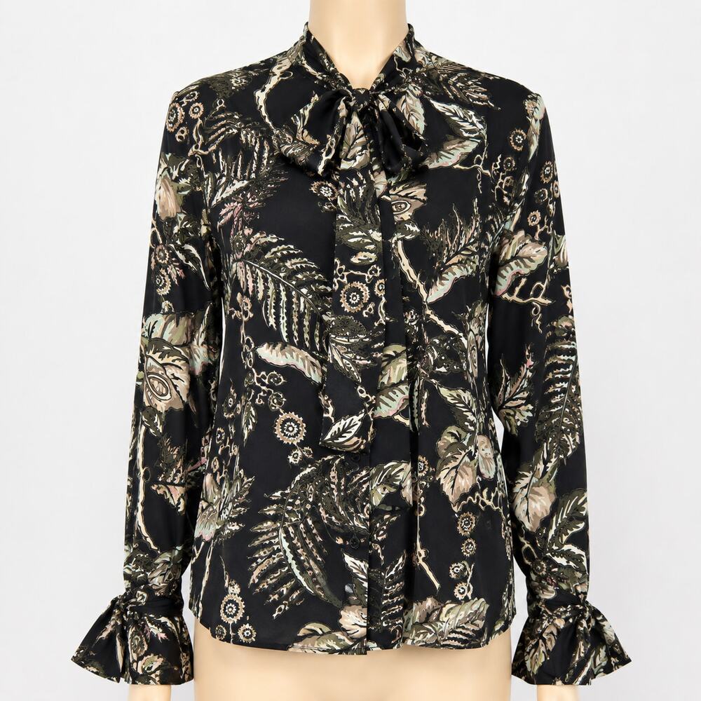 Banana Republic Black Botanical Print Tie Neck Blouse Women's Medium Long Sleeve